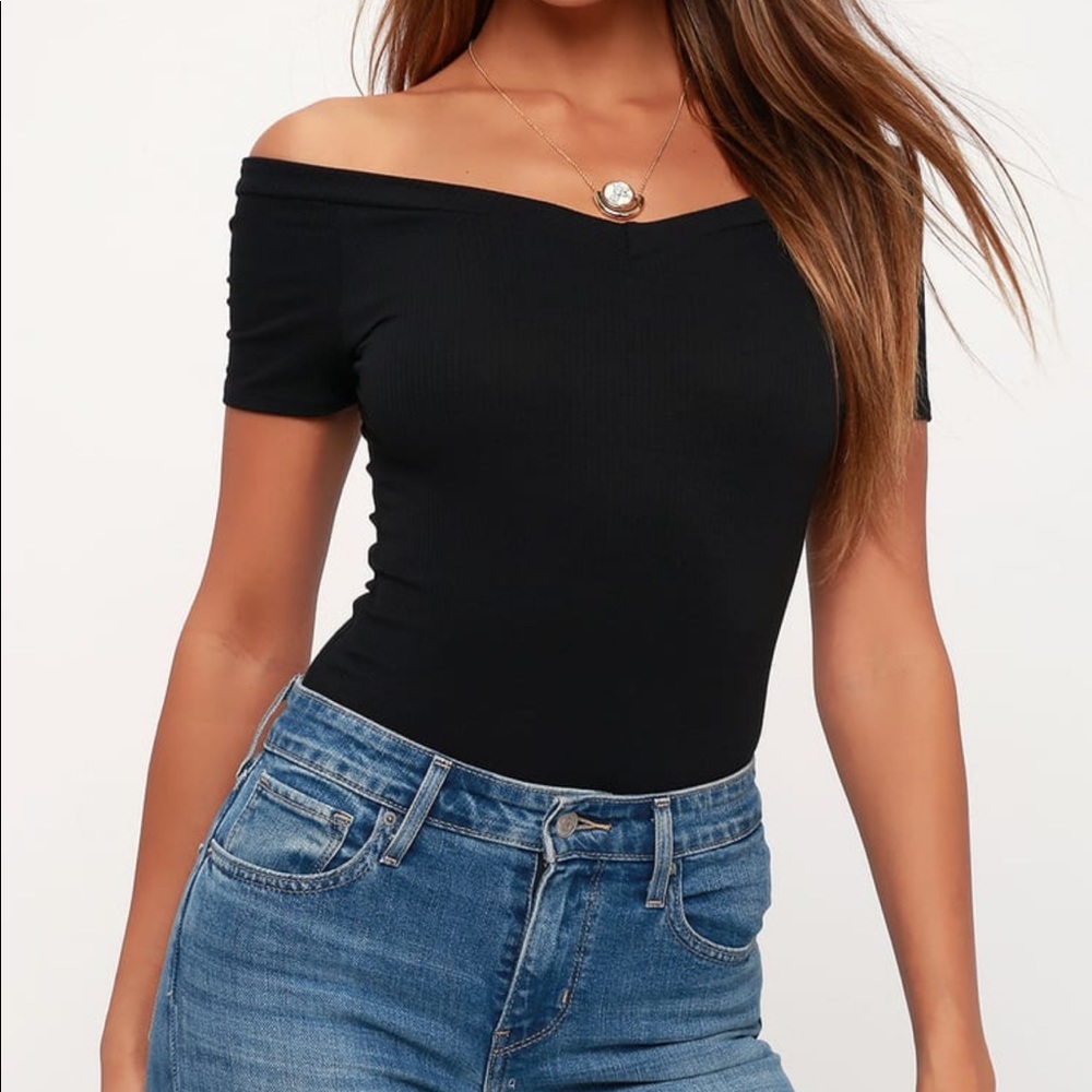 Lulus Black Ribbed Off the Shoulder Bodysuit